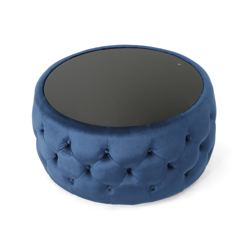 Dark Blue Modern With Button- Covering And Strong Tempered Glass, 30.48" W X D 14.63" H Velvet Details Glass Top, Look,