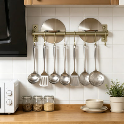 Wall Mounted Kitchen Utensil Rail with 8 Hooks, Champagne Pot and Pan Rack for Spoons and Mugs