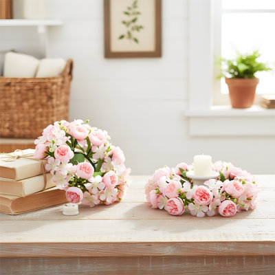 2 Pcs Of 9-Inch Candle Wreaths, Mini Wreaths With Artificial Flowers, Wedding Table Decorations, Home Wreaths, Farmhouse-Style Tabletop, Rustic Party Decor