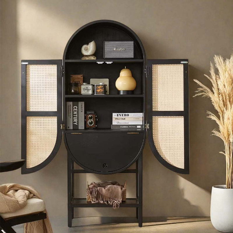 Solid Wood Rattan Crafted Storage Cabinet Bookcase, Black