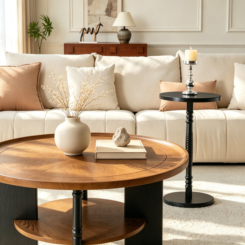 Ensemble de tables basses rondes 2 pièces, table de rangement 31,5 "et table d'appoint 15", finition noire et noyer