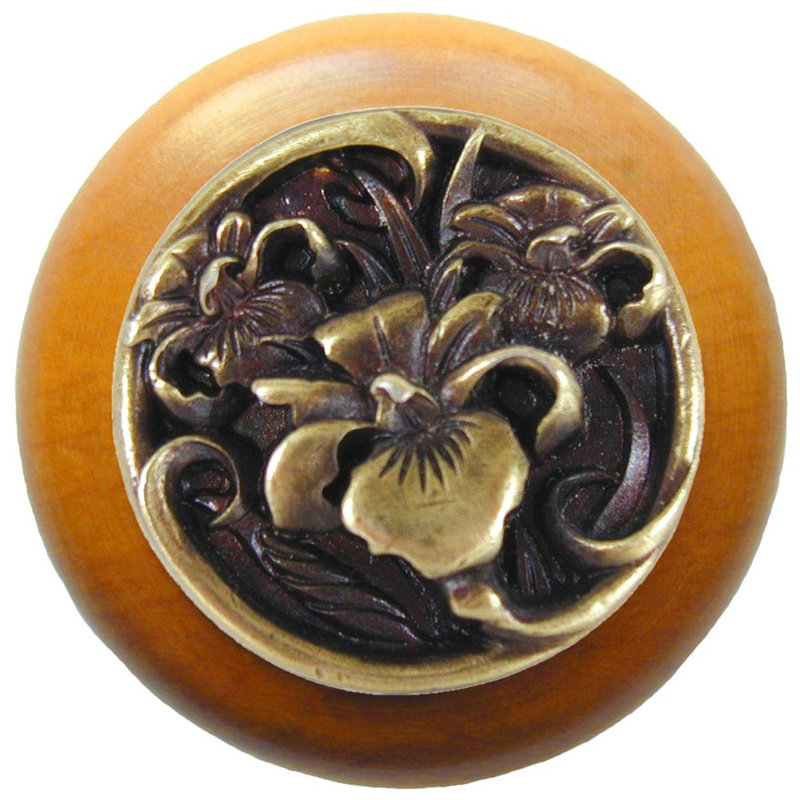 Floral Mushroom Knob, Antique Brass/Maple Wood