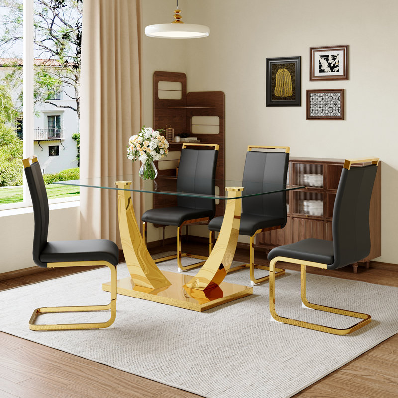 5-Piece Contemporary Glass Dining Room Set, Metal Pedestal Base & PU Cantilever Chairs, 5 Pieces: Table, 4 Chairs, Black