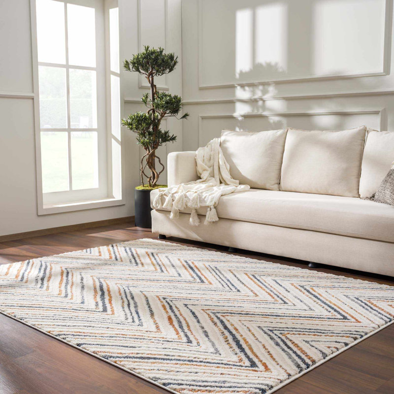 Rectangle Courtdale Chevron Machine Woven Polyester Area Rug in Blue/Brown, Rectangle 5'3" x 7'