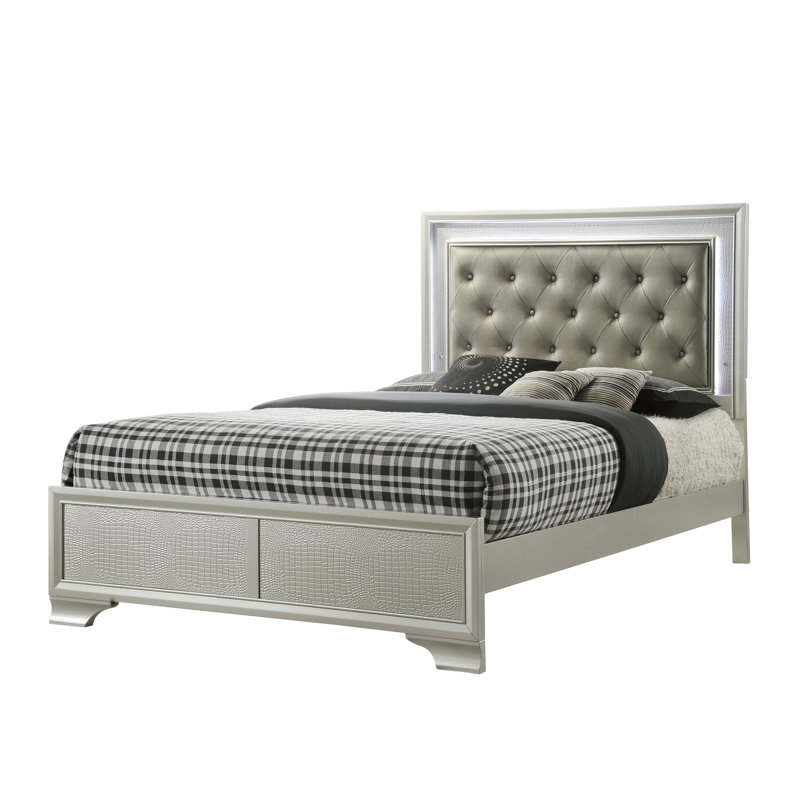 Lit moderne recouvert de peau de crocodile avec compartiment de rangement et superbe tête de lit champagne