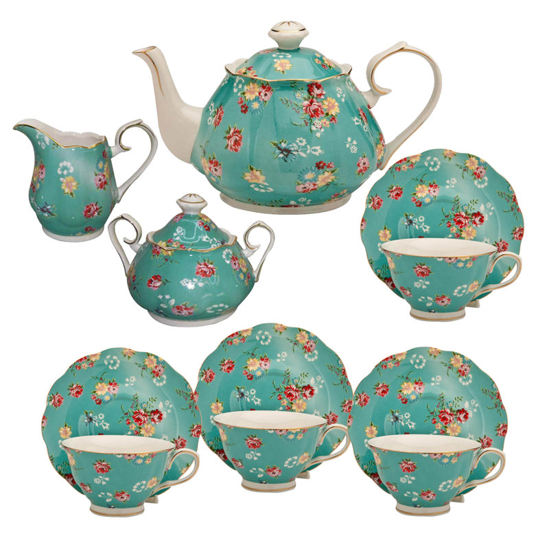 Service à thé en porcelaine 11 pièces Shabby Rose, Turquoise