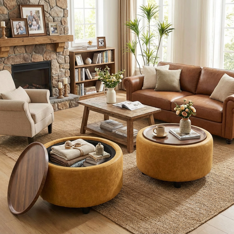 Eniyah Round Cocktail Ottoman With Storage, Yellow