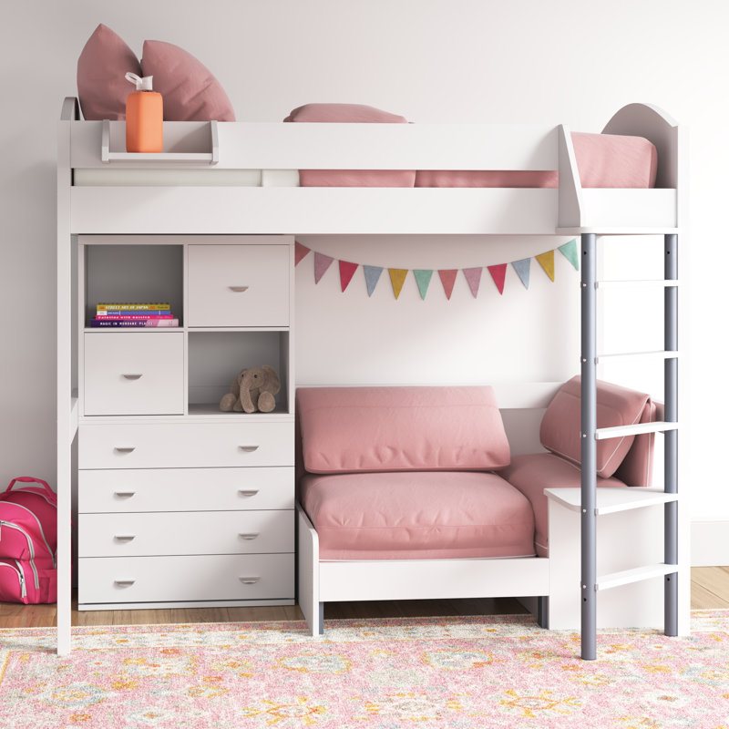 Melodie European Single (90 x 200cm) L-Shaped Bunk Bunk Bed with Bookcase, White, Pink