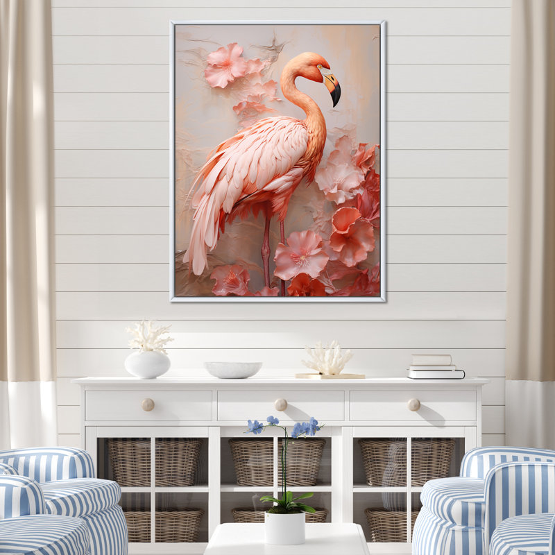 «Pink Flamingo Paradise», reproduction sur toile, H 40 po x l 30 po x P 1,5 po, Cadre flottant blanc