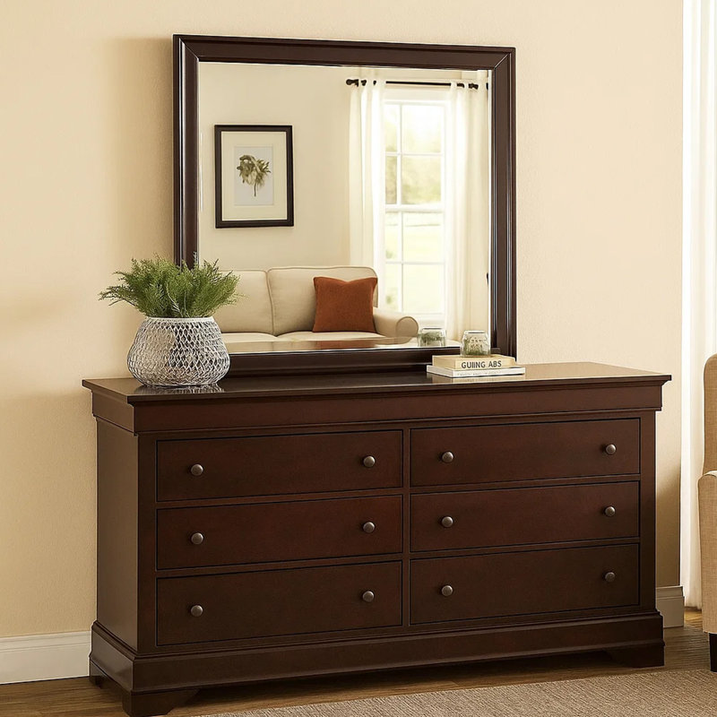 Joicy Wood Wall Mirror, Cherry Brown/Sliver