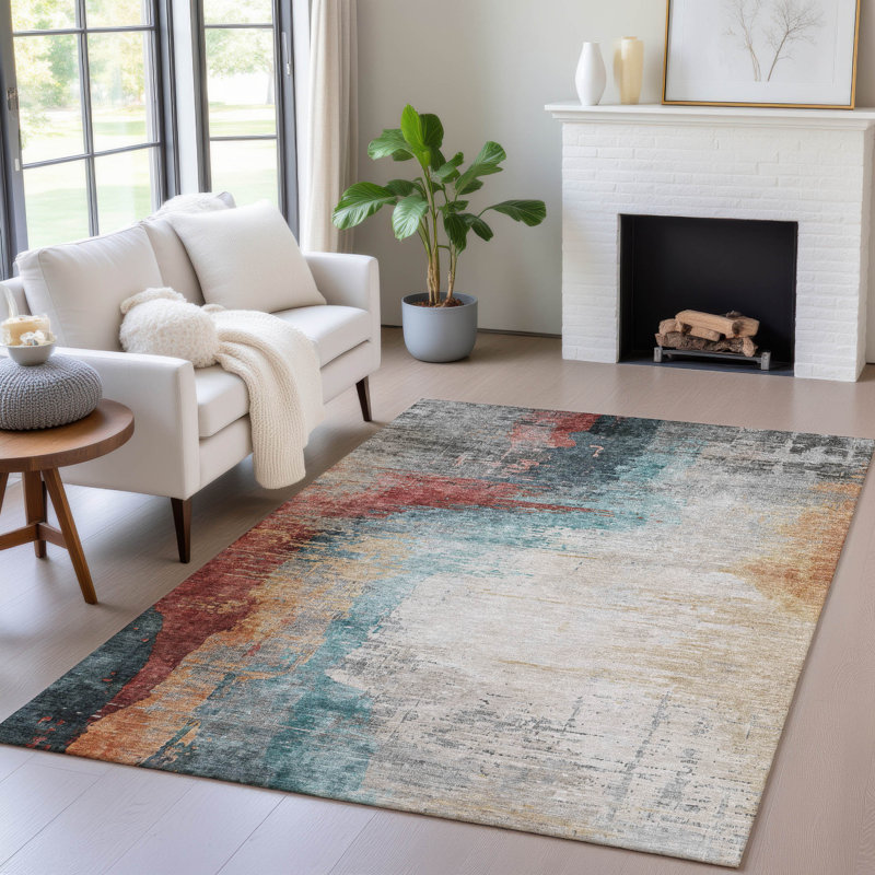 Tapis bleu sarcelle lavable à la machine intérieur / extérieur Xhevrie, Rectangulaire 8 pi x 10 pi