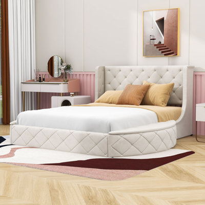 Asruddin Upholstered Platform Bed with 1 Drawer and 2 Side Storage Stool