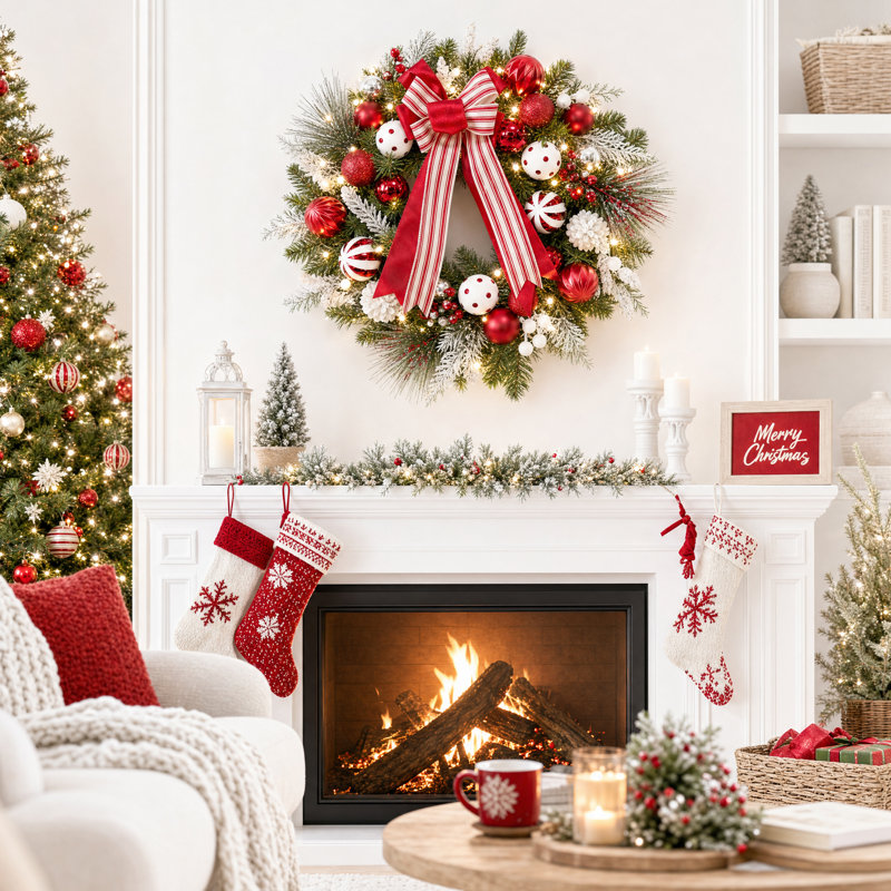 Couronne de Noël pré-illuminée de 61 cm (24 po) avec ruban et décorations pour porte d'entrée, mur et foyer