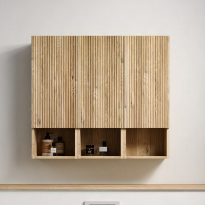 Ilvaris Modern Floating Wall Mounted Bathroom Side Cabinet with Striped Texture Design, Eco-Friendly Moisture-Resistant Storage for Small Spaces