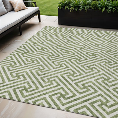 Tapis intérieur / extérieur géométrique lavable 5 pi x 8 pi vert et beige