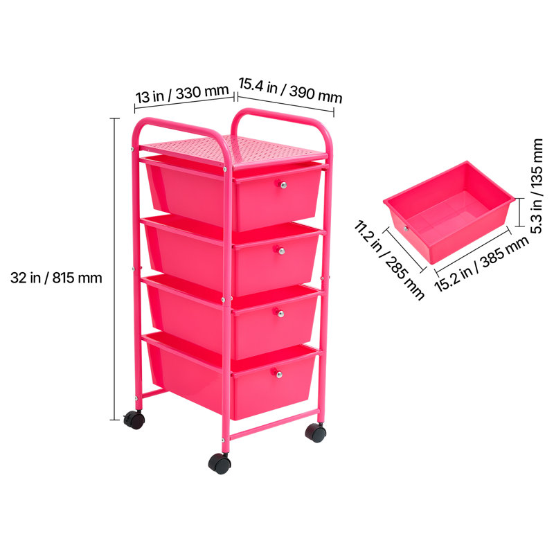 Chariot à roulettes avec tiroirs, organisateur de rangement à 4 tiroirs, roulettes universelles et 2 freins, chariot utilitaire mobile avec cadre en acier, idéal pour la salle de classe, les outils de bricolage, le garage, les produits de nettoyage, rose rouge