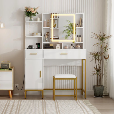 Coiffeuse de maquillage avec prise de courant, bureau de coiffeuse avec miroir et lumières