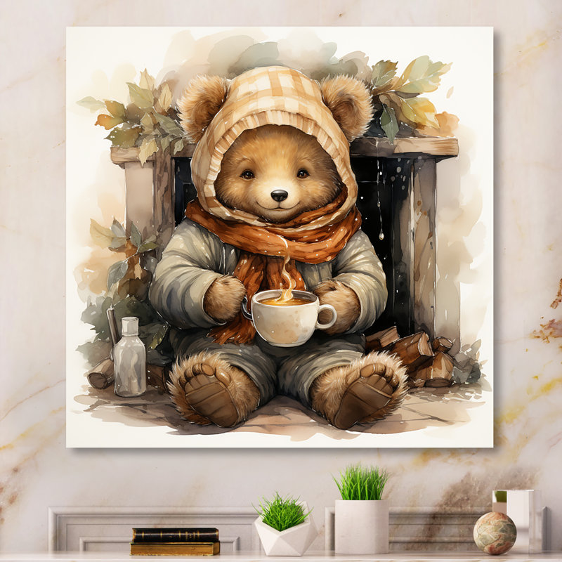 Cozy Teddy Bear chocolat en hiver II - art mural en métal de l'ours en peluche, H 36 po x l 36 po x P 1,5 po