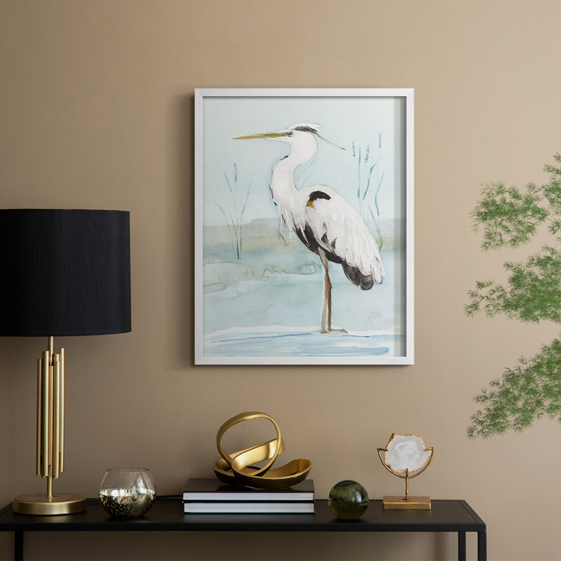Heron on Blue II, reproduction encadrée - bois massif, H 11 po x l 9 po, Blanc