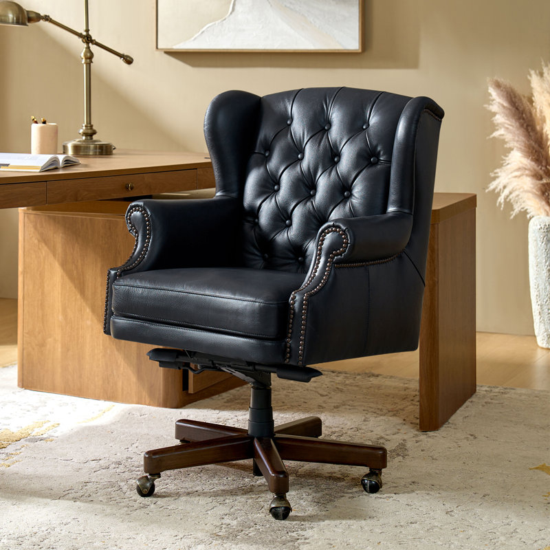 Heeg Genuine Leather Swivel And Rocking Office Chair With Solid Wood Base, Black