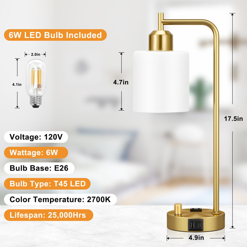 Lampe de table pour chambre à coucher, Doré, Blanc