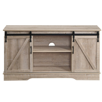 Meuble télé rustique en chêne avec 2 portes coulissantes et rangement multimédia 65 po