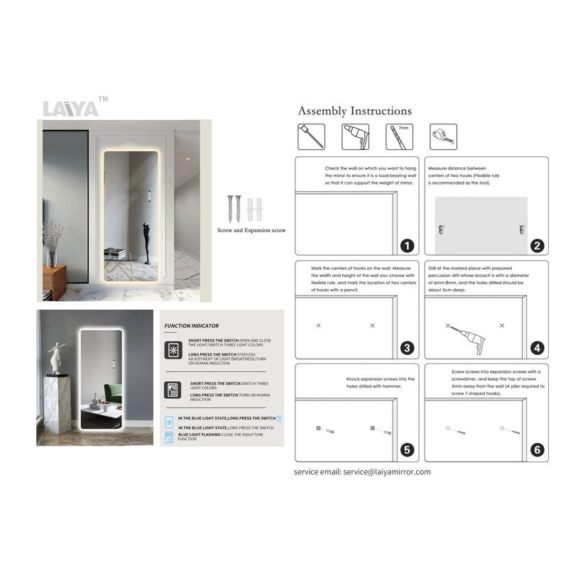 Daoud Full Length Mirror Lighted Vanity Body Mirror LED Mirror Wall-Mounted Mirror Big Size Rounded Corners, Bedroom,Living Room,Dressing Room Hotel 