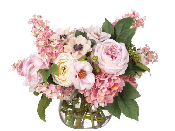Rose Hydrangea, Cream Pink, Glass Vase, 19wx15dx14h