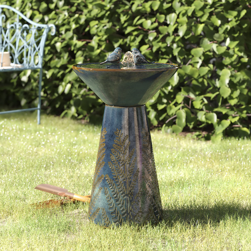 Two Birds Embossed Plant Pattern Pedestal Ceramic Fountain With Light, Turquoise