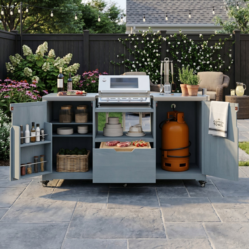 Chariot-îlot de cuisine en bois massif 66,5 po, plateau en acier inoxydable, compatible avec Big Green Egg et Kamado Joe, gris-bleu