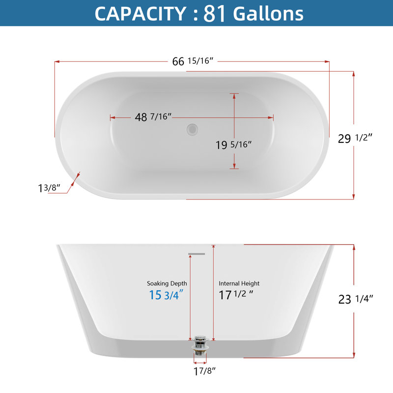 67'' x 29.5'' Freestanding Soaking Acrylic Bathtub