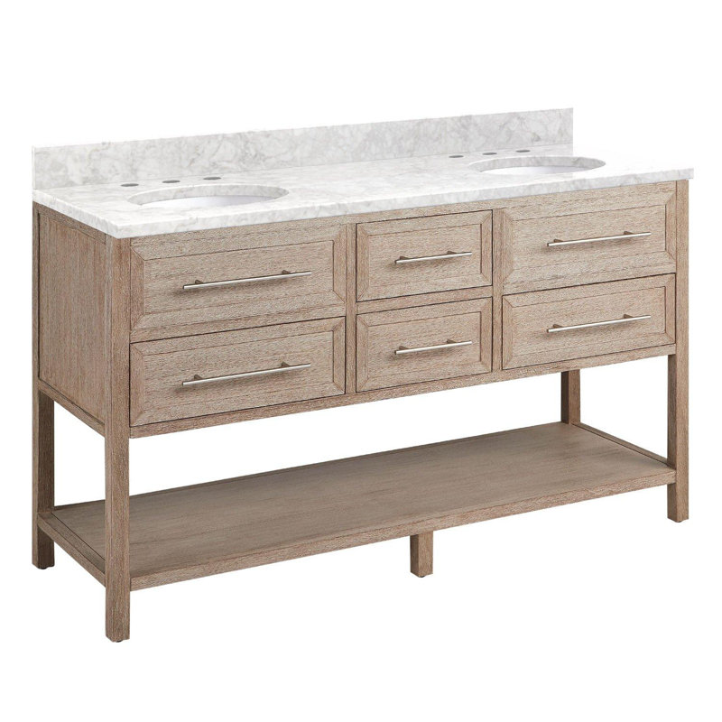 60" Robertson Double Bathroom Vanity Set with Oval Undermount Sinks, White, 8" Widespread, Carrara Marble