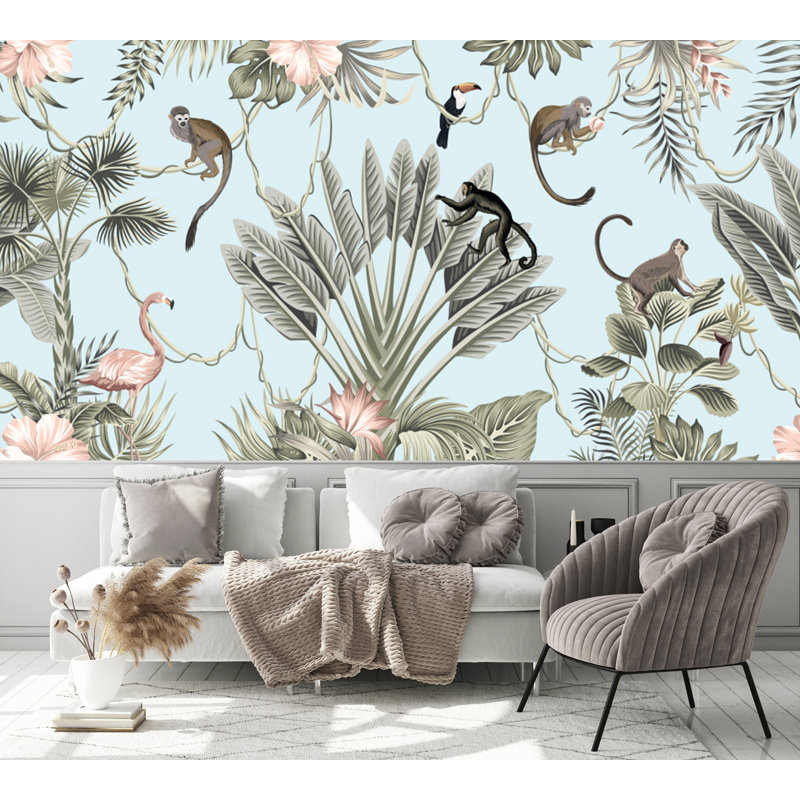 Papier peint amovible avec fond d'animaux Habitat de la jungle, L 48,96 po x l 75 po