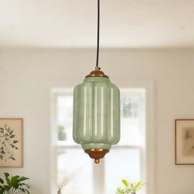 Single Light  Green Glass Pumpkin Pendant Light, Brass Color Glass Ceiling Light Fixture (Including E26 Three Color Light Bulb）