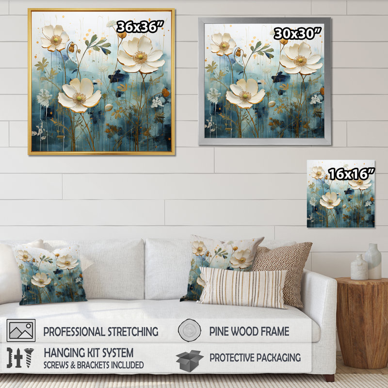 «Blue Botanical Oasis IV», reproduction sur toile, H 16 po x l 16 po x P 1 po, Cadre flottant doré