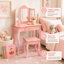 Ensemble de coiffeuse en bois Teamsis pour enfants avec miroir à trois volets, tiroir de rangement, tabouret assorti et table de maquillage pour enfants de 3 ans et plus-728171260