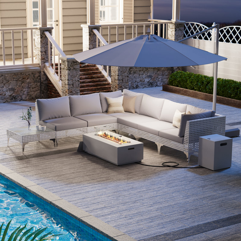 6 - Person Wicker Outdoor Conversation Furniture Set with Gas/Propane Fire Pit Table, Patio Sectional Seating Group, Yes