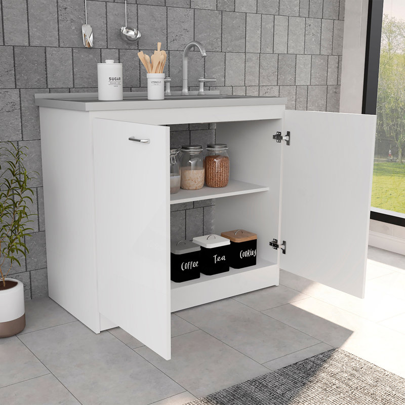Évier autoportant, armoire à deux portes, deux tablettes, blanc / gris clair, Blanc