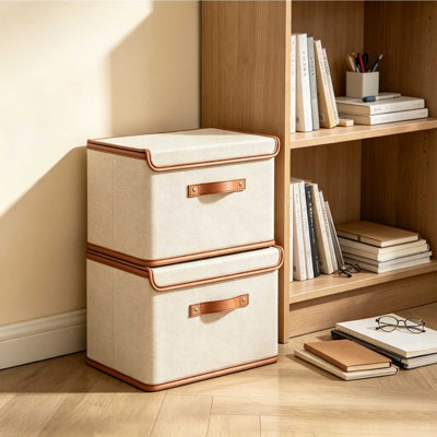 Paquet de 2 paniers de rangement avec couvercles, boîte de rangement pliable, boîte de rangement en tissu avec poignées, boîtes de rangement décoratives avec couvercles pour organiser les vêtements, couverture, blanc, très grand