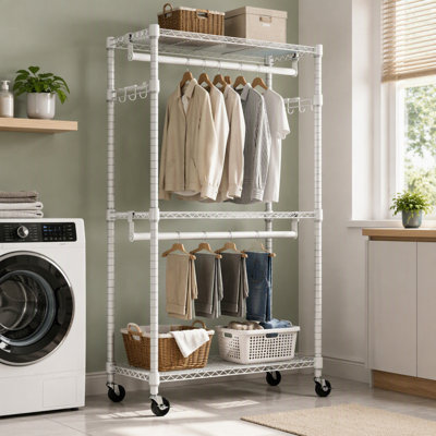 Portant à vêtements sur pied blanc de 189 cm (74,55 pouces), étagère de rangement robuste avec roulettes, étagère métallique réglable à 3 niveaux avec deux barres de suspension et crochets latéraux