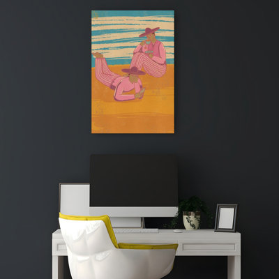 Pink Striped Beach Day Modern Beach Ocean Wall Art Print 1 Piece Wrapped Canvas Wall Art