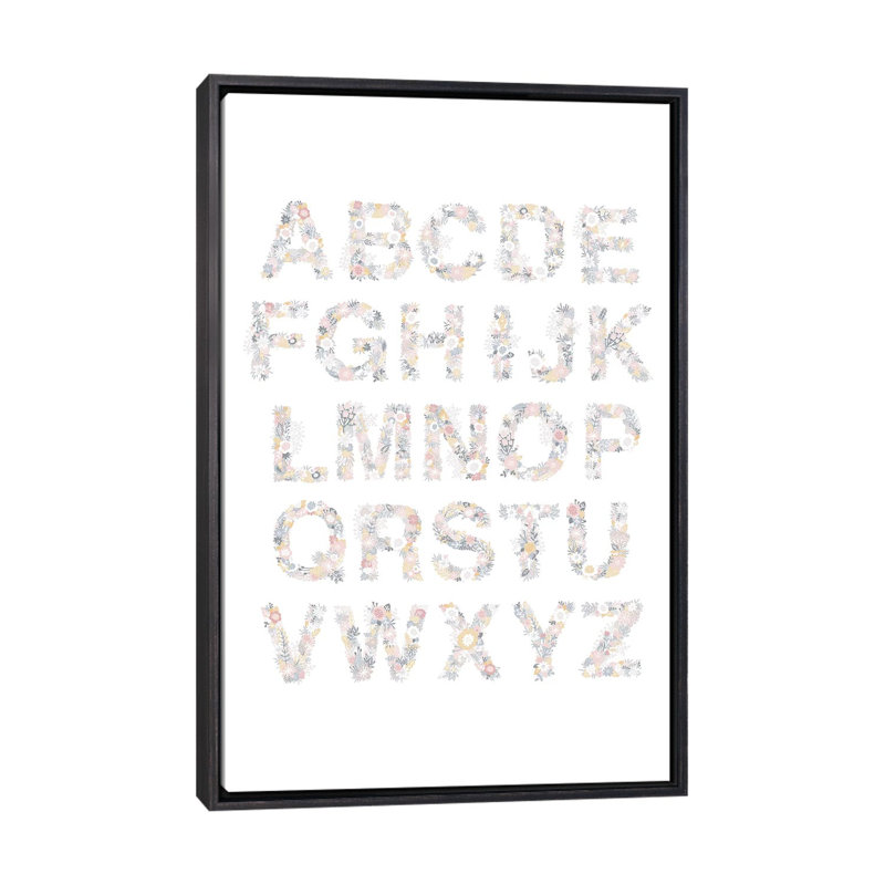 Floral Alphabet - reproduction d'art textuel, H 26 po x l 18 po x 1,5 po, Toile avec cadre noir patiné, Pas de tapis