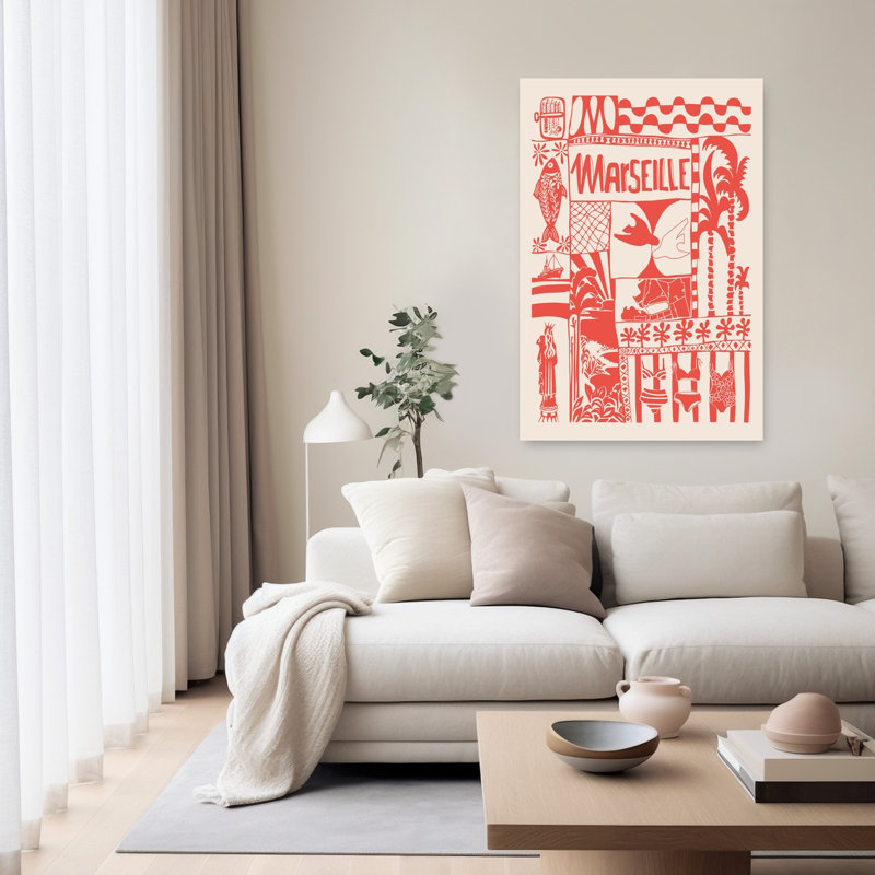 Marseille Summer Vacation Abstract Palm Tree Fish Architecture Beach Wall Art Print 1 Piece Wrapped Canvas Wall Art
