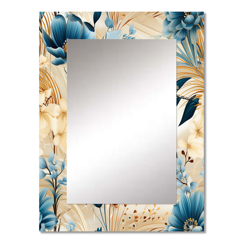 Beige et bleu Escape Flowers - miroir mural floral, miroir décoratif floral, impression d'art en métal, 32 po x 24 po