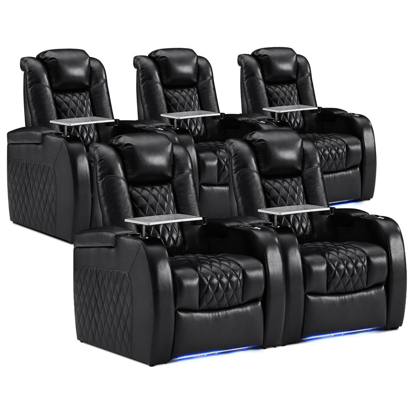 Ensemble de 5 sièges de cinéma en cuir avec porte-gobelet en cuir, Noir