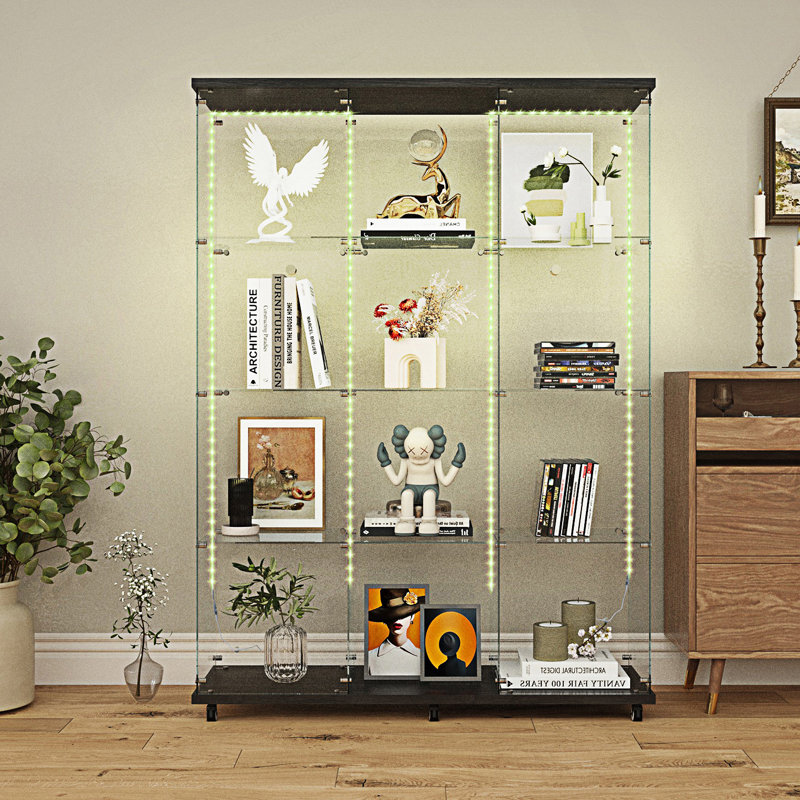 Armoire décorative, vitrine en verre trempé, armoire de rangement, armoire à vin avec bande lumineuse à DEL Bluetooth