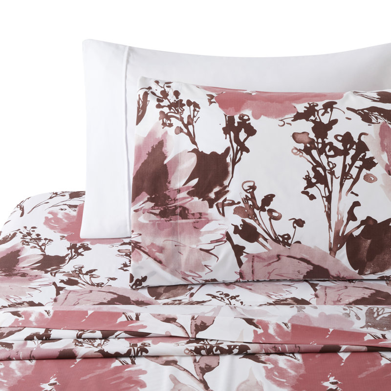 Queen Pink Floral Polyester Bamboo Deep Pocket Sheet Set