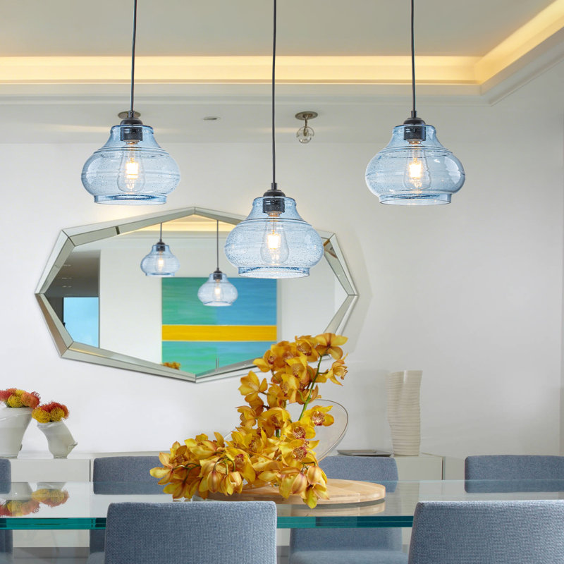 Suspension linéaire à 3 lumières pour îlot de cuisine, lustre moderne noir mat réglable avec abat-jour en verre bleu bullé fabriqués à la main