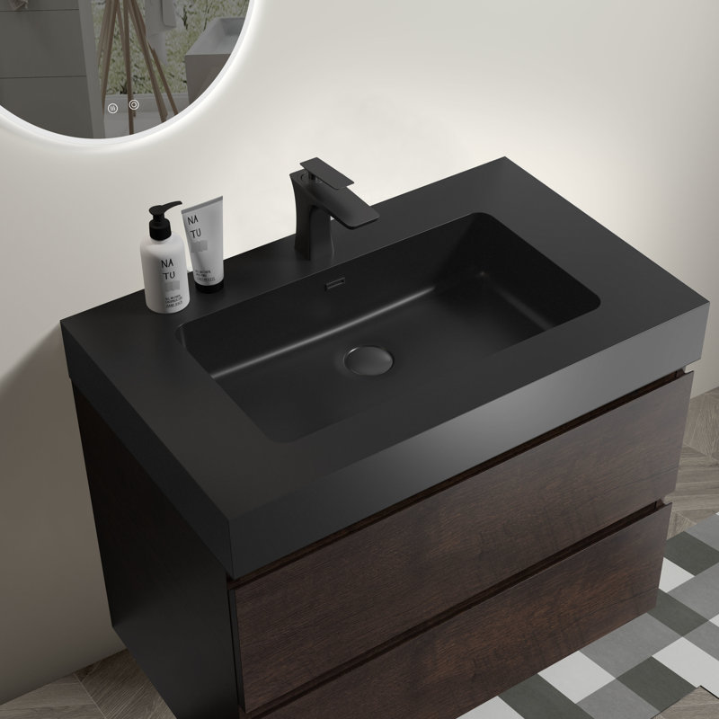 Stylish Matt Black Engineered Quartz Basin With Overflow For Bathroom Appeal High Integrated And Durability