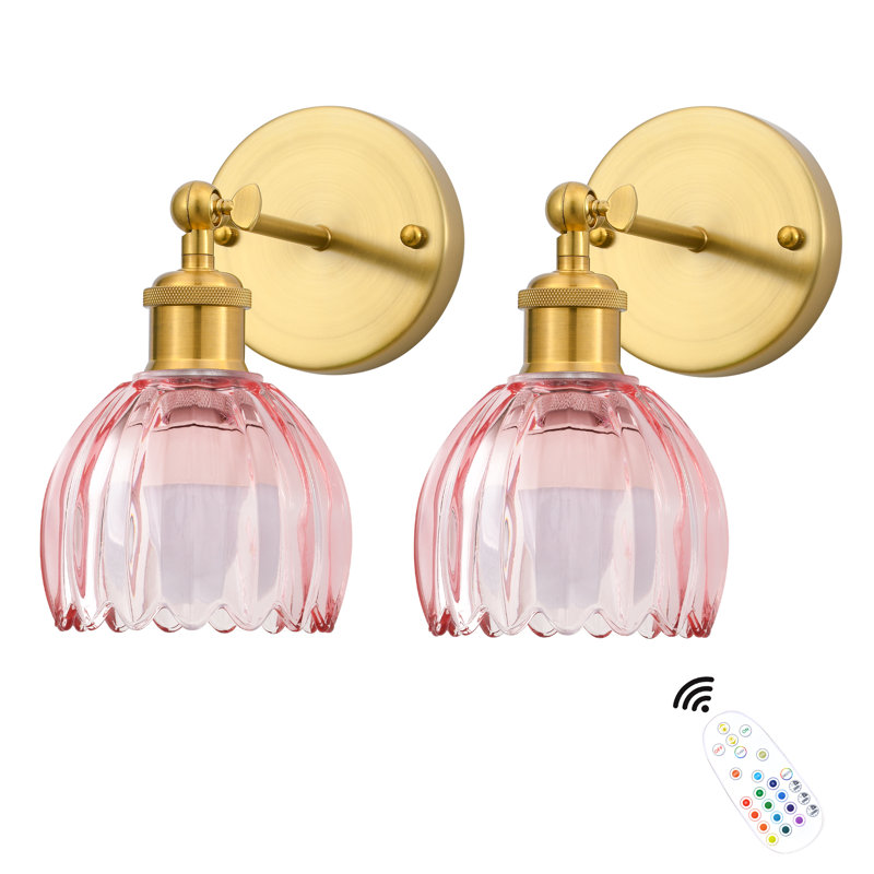 Appliques murales rgb à intensité variable avec télécommande et abat-jour rechargeables sans fil dorés avec abat-jour en verre tulipe rose (paquet de 2)